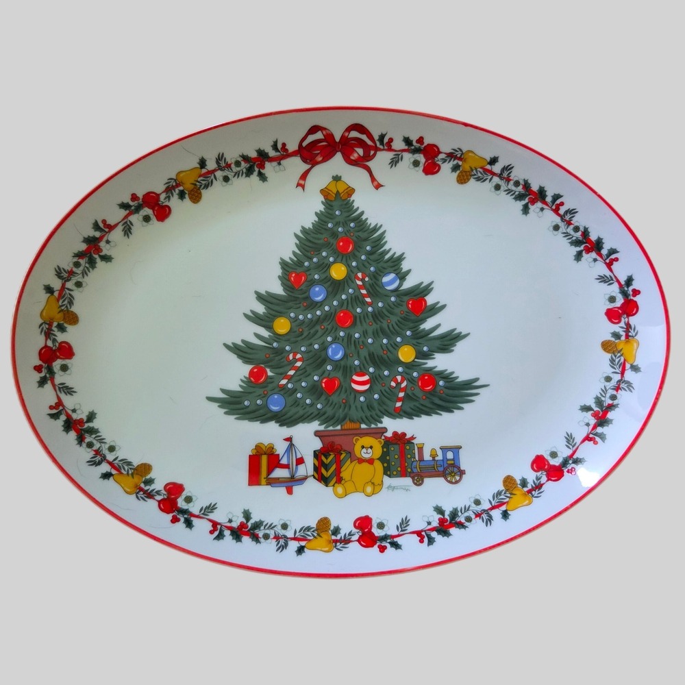 Yamaji Christmas Tree Vintage Fine China Oval Serving Platter Made in Japan 12"